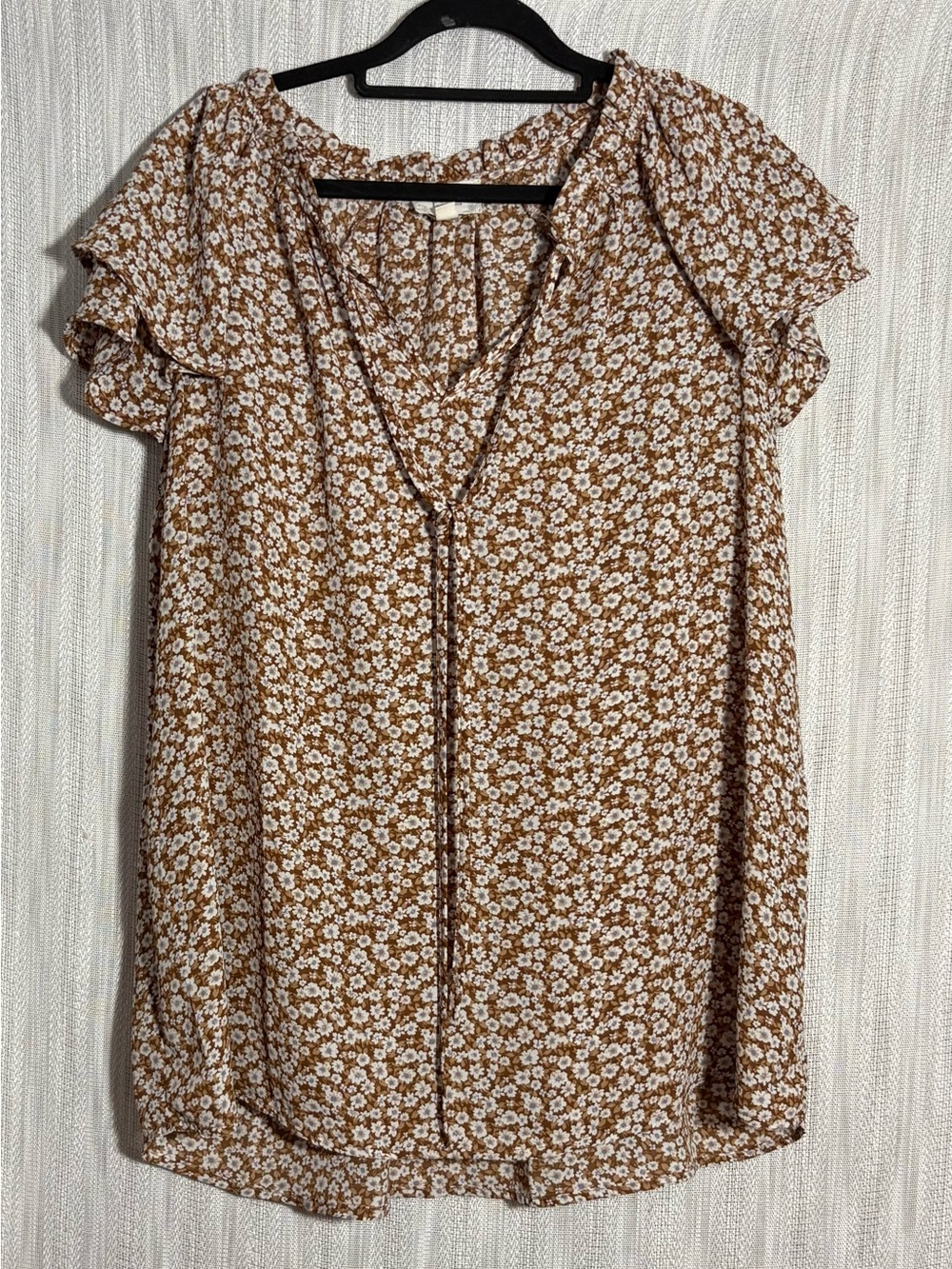 Blu Pepper Brown Floral Tie-Front Ruffle Short Sleeve Blouse 1X